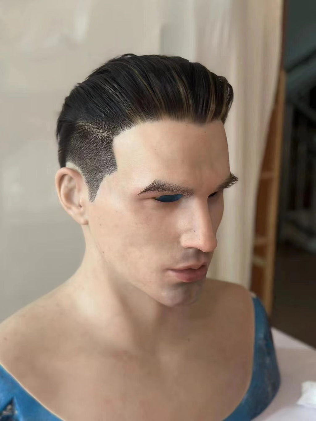 Máscara de silicona ultrarrealista de cabeza completa de hombre asiático joven – Máscara de disfraz de cosplay color piel natural con pelo
