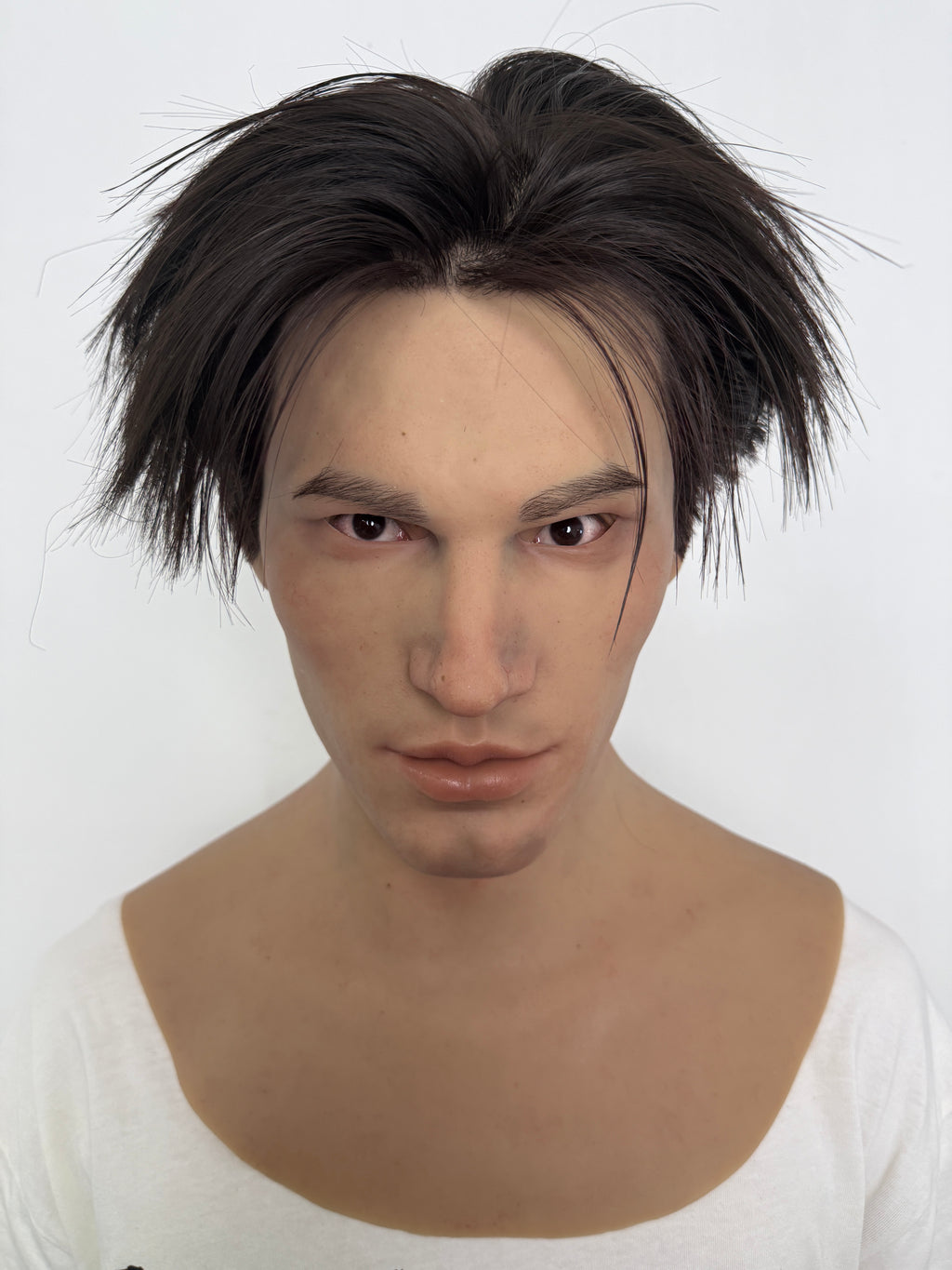 Máscara de silicona ultrarrealista de cabeza completa de hombre asiático joven – Máscara de disfraz de cosplay color piel natural con pelo